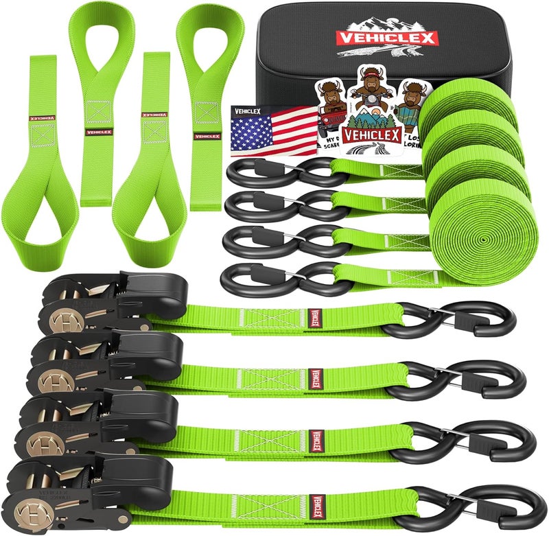 Vehiclex Ratchet Tie-Down Straps Set - (1" x 15', 2200lbs Breaking Strength) - Soft Loops, Coated S-Hooks, Storage Bag for ATV, Motorcycle, Bicycle, Kayak, Cargo Securing, Green - Image 1